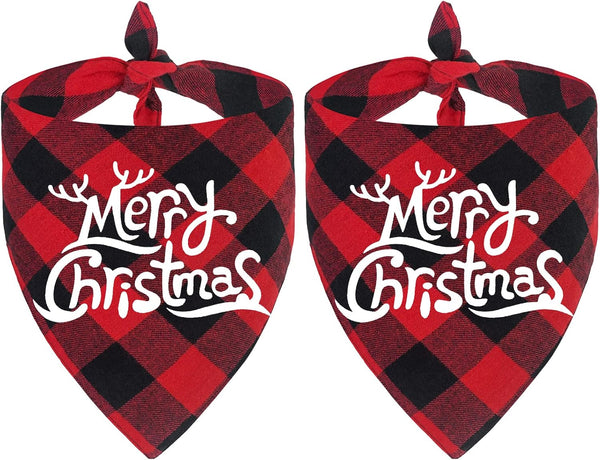 Malier Christmas Dog Bandanas 2 Pack, Classic Buffalo Plaid Triangle Bibs for Small Medium Large Dogs & Cats (Large,