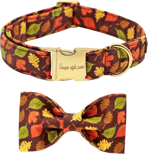 Unique Style Paws Fall Dog Collar with Bow, Adjustable Soft and Comfy Bowtie Collars for Large Girl or Boy Dogs