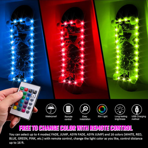 Upgraded USB Charging LED Skateboard Light, Remote Control Rim Light, 16 Color Change, Waterproof, Shockproof