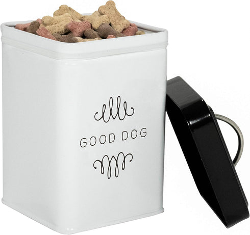 Amici Pet Treat Collection - Sparky Good Dog Metal Storage Canister, 36 oz, White