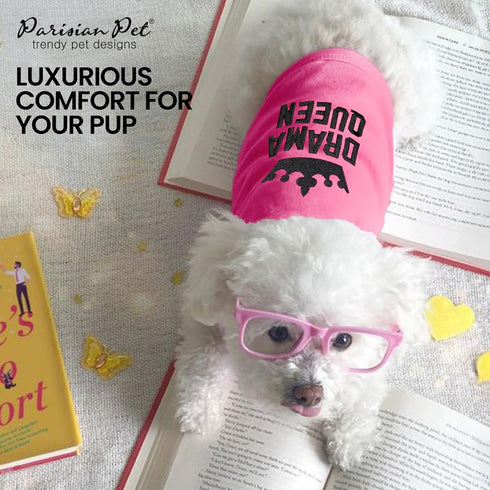 Parisian Pet Dog T-shirt - Embroidered “Drama Queen” - Lightweight Pink Sleeveless Tee for Small Dogs