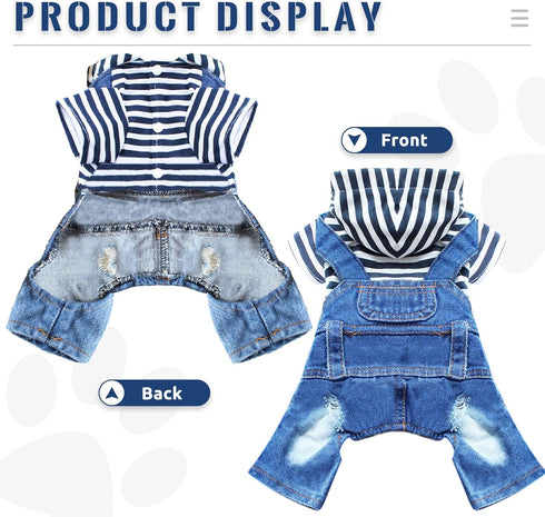 Small Dog Hoodie Clothes - Cute Stripe Shirts Denim Jumpsuit One-Piece Outfit for Small Medium Dogs Cats (Blue, XL)