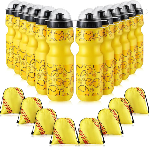 Hosuly 24 Pcs 24 oz Baseball Water Bottle Set, Drawstring Bag, 12 Reusable Plastic Tumblers for Party Favor (Yellow)