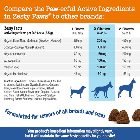 Zesty Paws Senior Advanced Calming & Cognition Soft Chews for Dogs - Brain Health & Nervous System Support with