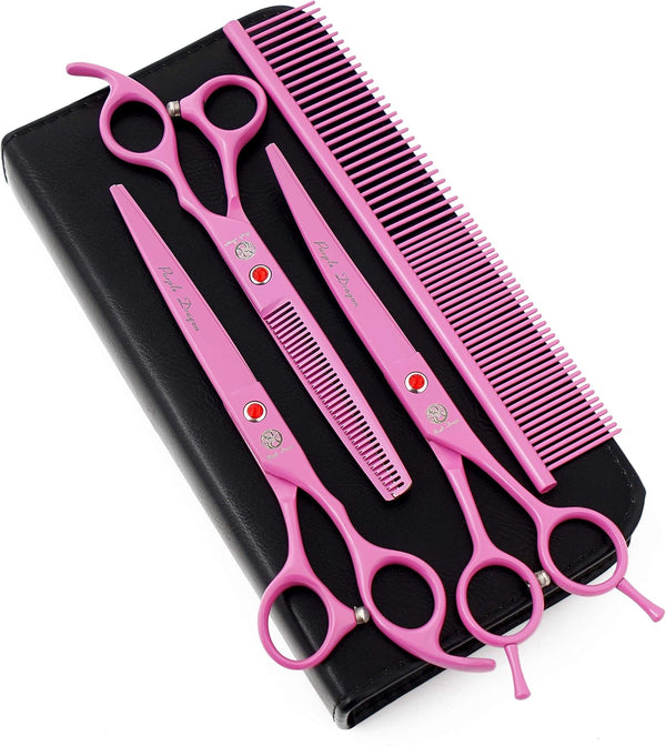 Purple Dragon 7.0 inch Pink 3PCS Pet Grooming Scissors Cat Dog Hair
