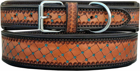 Leather Dog Collar, Western Style, Heavy Duty Hand Tooled, Adjustable Padded for Puppies and Big Dogs (10AB130-XS)