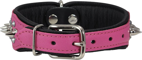 Dogs My Love Spiked Studded Genuine Leather Dog Collar, 1.75" Wide, 12-14.5" Neck, Pink/Black