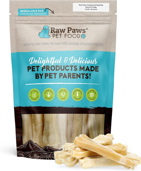Raw Paws Compressed Rawhide Bones for Dogs, 4-inch, 10-ct - Digestible Rawhide for Small Dogs, Packed in USA