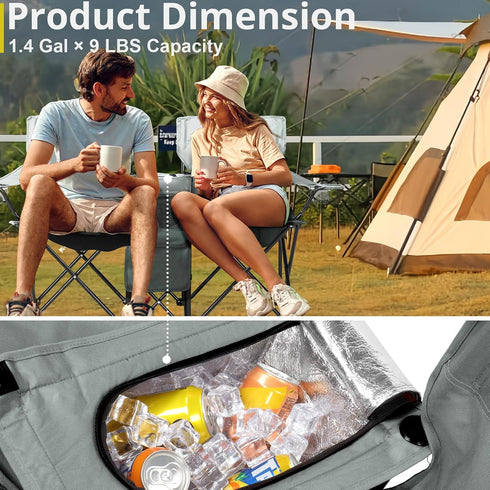 BIVVI 180lbs,Grey Double Camping Chair with Umbrella,Portable Folding Chair w/ Cup Holders,Cooler Bag,Pocket & Carry
