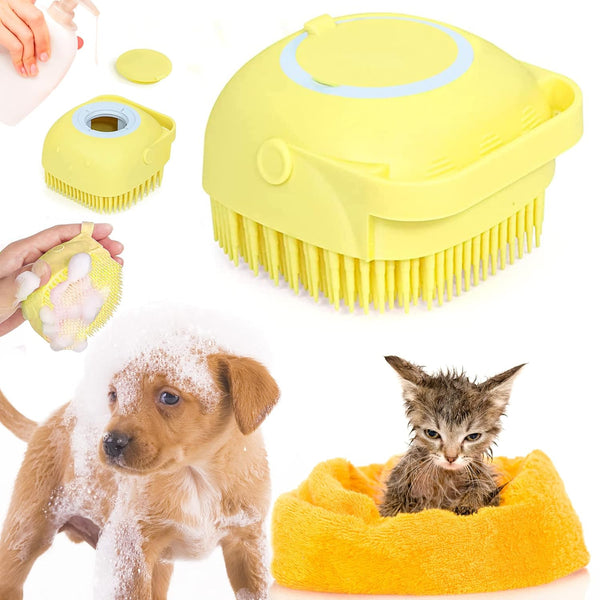 Soft Silicone Pet Bath Brush, Dog Shampoo Cleaning Brush with Soft Shampoo Dispenser for Puppy Dog Cat (Yellow)