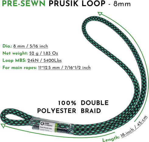 GM CLIMBING 8mm (5/16") Prusik Loop Pre-Sewn, 18 inches / 24 inches