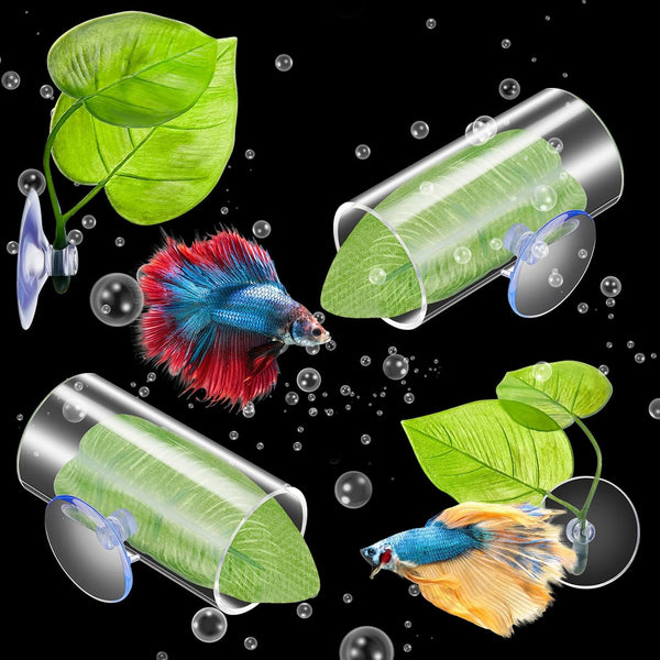 6 Pcs Acrylic Tube Tunnel for Betta Fish, Hollow Cave with Leaf Pad for Aquarium Decor