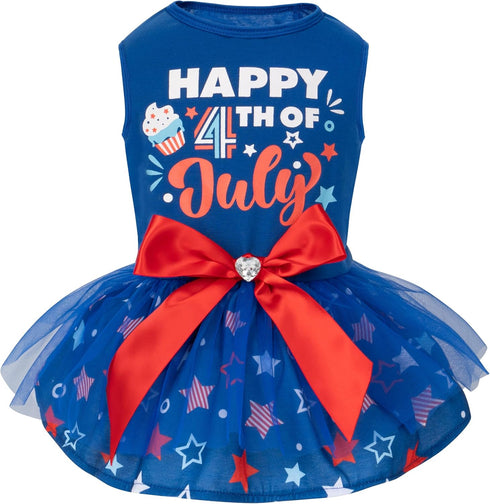 cyeollo 4th of July Dog Dress, Tulle Skirts for Small Dogs, Patriotic Outfits with Bowtie, Blue, Size S