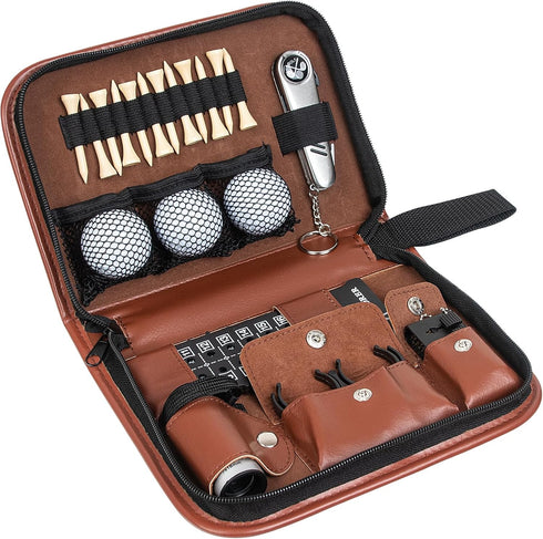 Golf Accessory Set All in One Bag with High-Grade Leather Case, Golf Balls, Tees, Cleaning Brush, Scorer, Range Finder,
