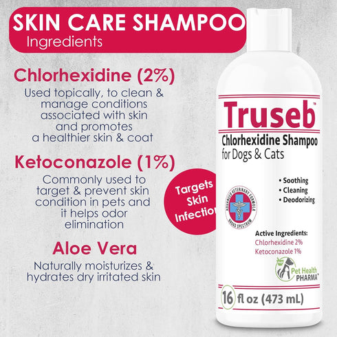 Pet Health Pharma (16 oz) Truseb Chlorhexidine Shampoo for Dogs Cats & Horses with Aloe Vera - Medicated Antibacterial