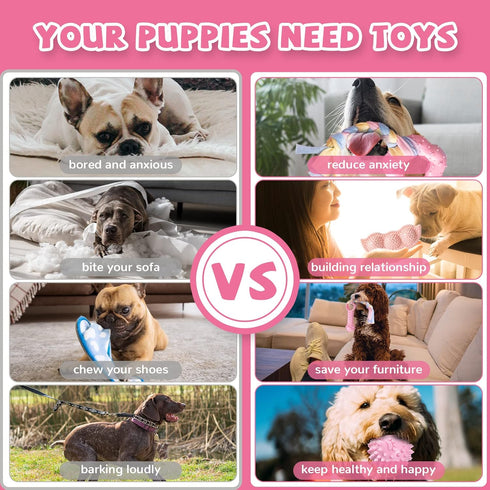 Puppy Toys, 6 Pack Teething Chew Toys for Small Breed, Cute Pink Soft Rubber Durable Dog Toys Set
