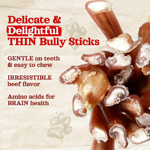 Natural Farm Odor-Free Thin Bully Sticks (6”, 10-pack) ALL-NATURAL Long-Lasting Dog Chews, 100% Beef Pizzle, Grass-Fed, Grain-Free, Protein for Muscle Development & Energy, Perfect for Medium Chewers