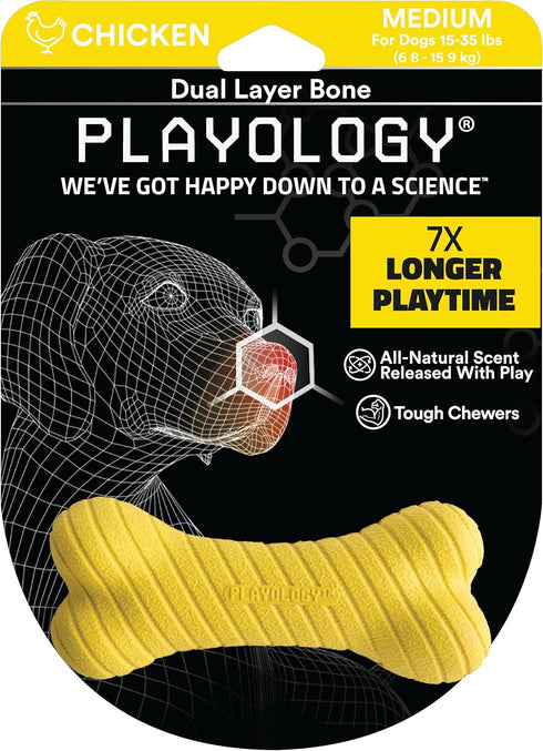 Playology Dual Layer Bone Toy for Medium Dogs (15-35lbs) - All-Natural Chicken Scented Durable Chew Toy