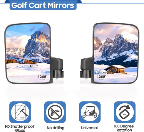 Golf Cart Side Mirrors, No Drilling, 180 Degree Rotation & Foldable, HD Shatterproof Glass Mirrors for Club Car EZGO