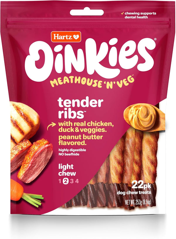 Oinkies Meathouse'n'Veg Tender Ribs Dog Treats with Real Chicken, Duck, Veggies & Peanut Butter Flavor, 22 Count