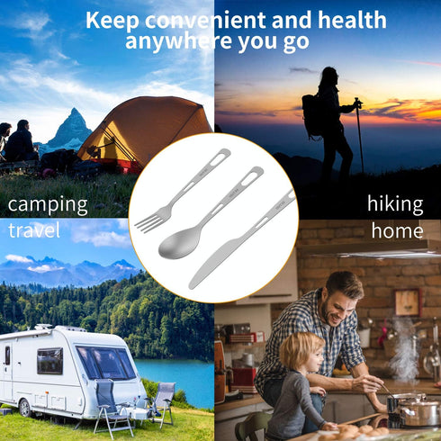 OUTXE Titanium Flatware Knife Fork Spoon Set, Lightweight Ti Camping Utility Cutlery Set with Carrying Bag for
