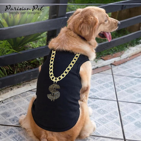 Parisian Pet Dog T-shirt - Embroidered “Bling $” Tank Top - 100% Cotton Lightweight Sleeveless Black Tee Shirt for
