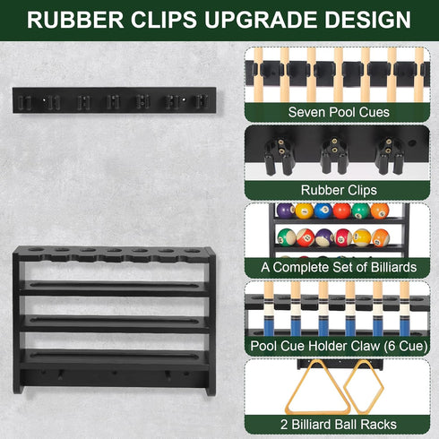 Pool Stick Holder - 7 Pool Cue Rack Wall Mount with Cue Rest and Ball Holder, Wooden Accessories for Game Room