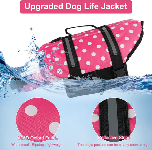 HAOCOO Dog Life Jacket Vest Saver, Safety Swimsuit Preserver, Pink Polka Dot, XXS