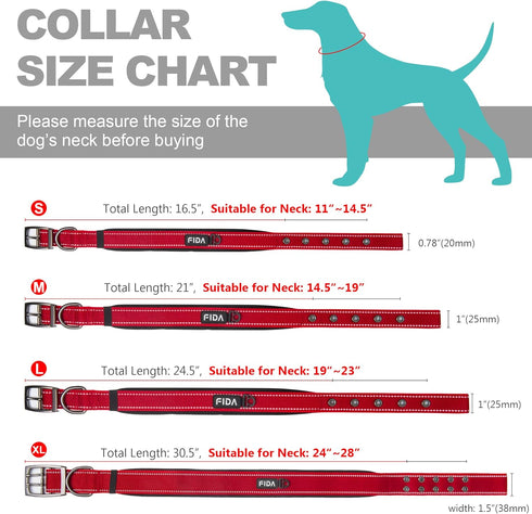Fida Heavy Duty Dog Collar, Ultra Comfortable Soft Neoprene Padded Reflective Nylon Collar with Durable Metal Buckle