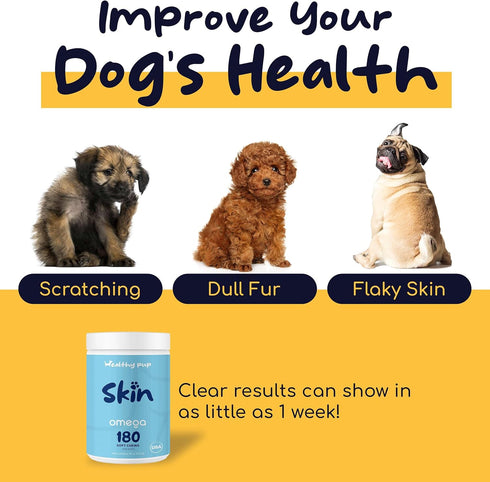Dog Fish Oil Supplements - 180 Chew Treats with Omega 3, EPA, DHA, Biotin, and Vitamin E for Healthier Skin