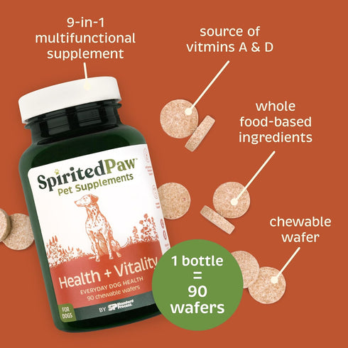 Health + Vitality for Dogs, Pet Supplement for Immune System, Coat, Liver Health & More - 90 Chewable Wafers