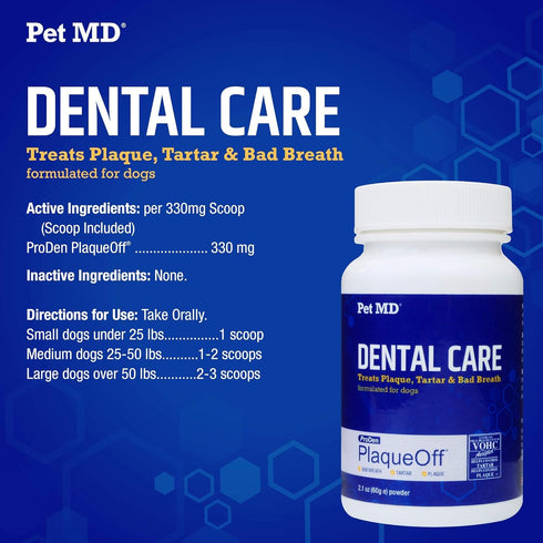 Pet MD Proden PlaqueOff Dog Teeth Cleaning Dental Care Powder, Oral Care Supplement for Dogs, 60g