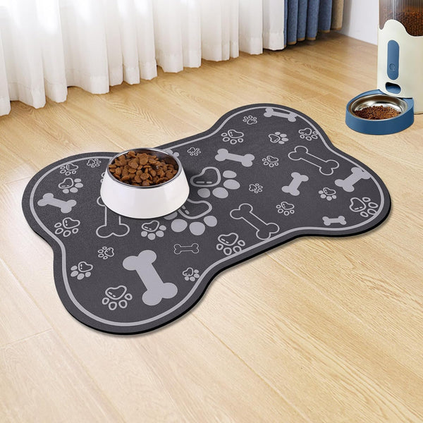 Dog Cat Food Mat - Rapid Absorbent Pet Feeding Mat, Bone Shaped Placemat with Rubber Backing, Dark Grey