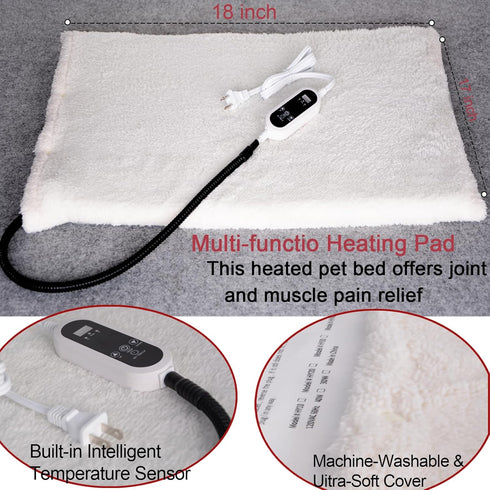 Pet Heating Pad with LED Display, Adjustable Temperature for Dogs and Cats, Soft Washable Fleece Cover 17 X 18"