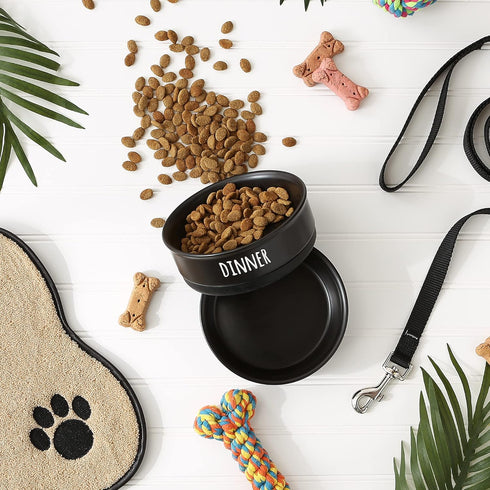 Bone Dry Ceramic Pet Bowls for Dogs & Cats, Dishwasher & Microwave Safe, Non-Slip Bottom, Medium Set, Black