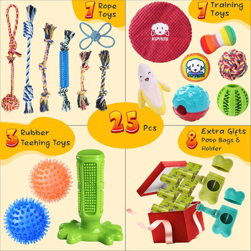 KIPRITII 25 Pack Puppy Dog Toys for Teething, Entertainment & Interaction, Chew Toys with Rope, Treat Balls & Squeaky