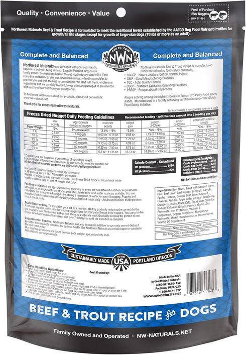 Omega-3 25 Oz Northwest Naturals Freeze-Dried Beef & Trout Dog Food - Bite-Sized Nuggets - Grain-Free, High-Protein
