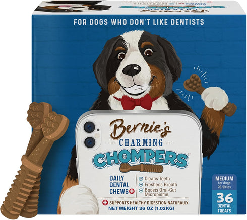 Bernie's Charming Chompers - Daily Dental Chews for Dogs 26-50 Lbs. - 36 Count - Cleans Teeth & Freshens Breath