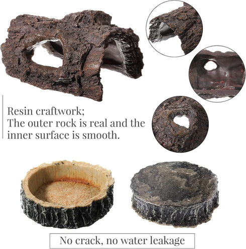 Reptile Hide, Food Bowls, Lizard Resin Hollow Tree Trunk Hideout, Bearded Dragon Tank Accessories, 3 Pcs (Brown Rock)