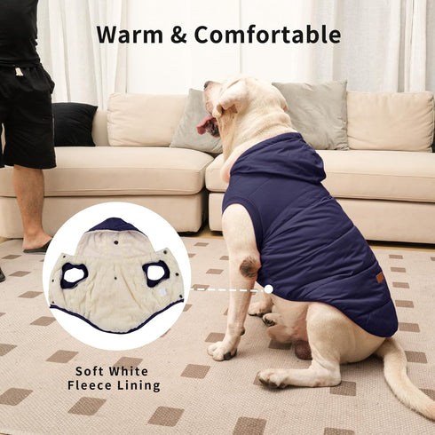 Fleece Lining Extra Warm Blue Dog Hoodie for Large Dogs, Winter Jacket Pet Coats with Hooded, XXXL