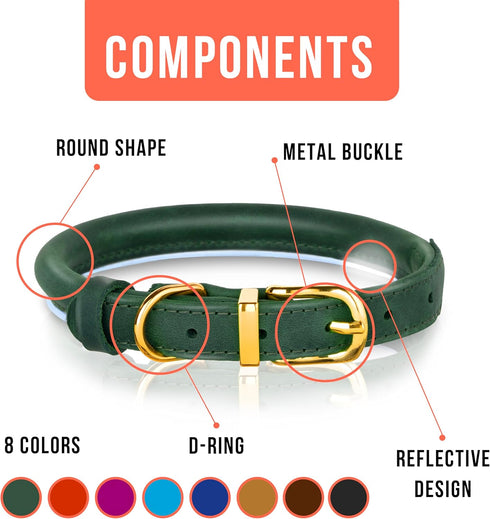 OOPSDOGGY Reflective Rolled Leather Dog Collar - Adjustable Soft Padded Collar for Small Breed Dogs (XS, 8"-11", Green)