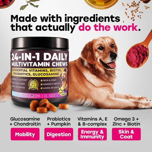 24-in-1 Dog Multivitamin Chews Dog Vitamins and Supplements with Glucosamine, Chondroitin, Probiotics, Salmon Oil