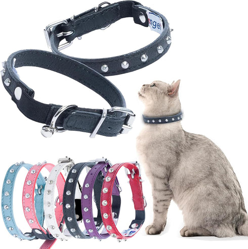 Studded Cat Collar, Genuine Leather Kitten Collar, Midnight Black, 12 x 1/2 inches, Breakaway with Bell