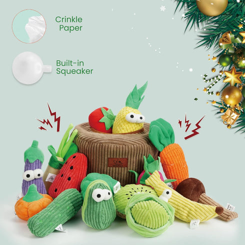 Pack- Nocciola Squeaky Fruits Veggies Stuffed Dog Toys Hide Seek Grocery Basket Crinkle Plush Puppy Toys to Keep Busy