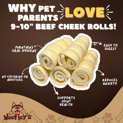 Woofley's 9-10" (5 Count)- Buffalo Beef Cheek Roll - Beef Cheek Rolls for Dogs - Long Lasting Natural Dog Chews