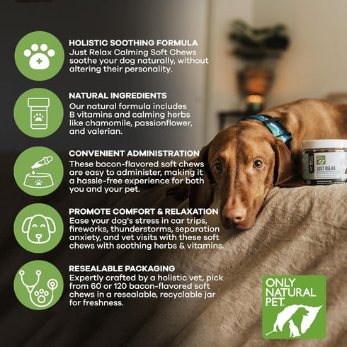 Only Natural Pet Just Relax Herbal Calming Soft Chews for Dogs, Bacon Flavor, 60 Soft Chews - Natural Anxiety Relief