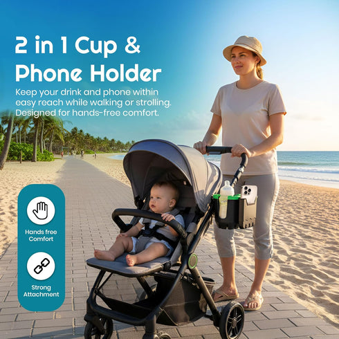 Zrafu 2-in-1 360 Stroller Cup Holder with Phone Holder - Universal Bike & Wheelchair Accessory, Rotatable, Anti-Slip