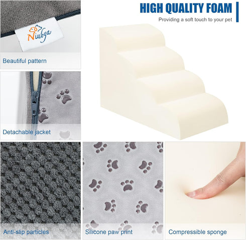Dog Stairs for Small Dogs, 4 Steps High Density Foam Ramp, Extra Wide Non-Slip Bottom for High Beds, Couch, and Sofa,