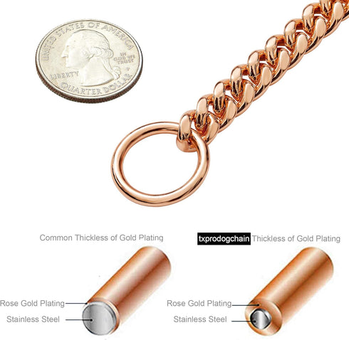 18K Gold Chain Dog Collar 10MM Cuban Link Chain Stainless Steel Metal Links Walking Training Collar for Small Medium Large Dogs 10in to 24in (14" (Neck Fits 10"-12"), Rose gold)