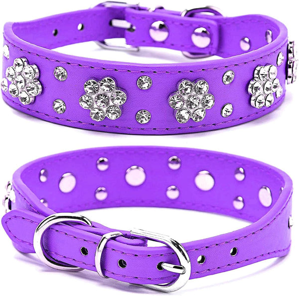 Rhinestone Dog Collar, Cute Flower Bling PU Leather Adjustable Sizes for Small, Medium, Large Dogs (S, Purple)